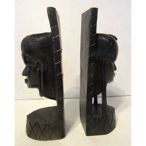 African Bookends Vintage Black Ebony Hand Carved Wood Head Art 9in - Picture 3 of 9